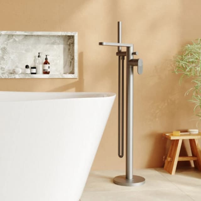 FNX Bathrooms Linea Freestanding Bath Shower Mixer With Kit Brushed Pewter Contemporary 1 Hole