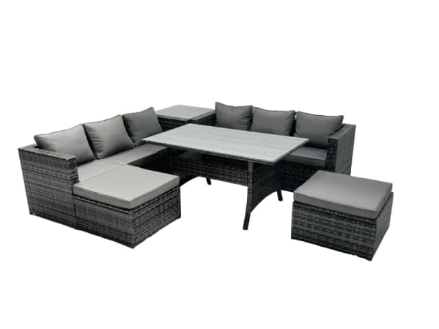 Fimous Outdoor Dining Table Sofa Set with Side Table Big Footstool in Dark Grey Dark Grey Unisex