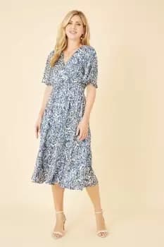 Blue Animal Print Wrap Midi Skater Dress