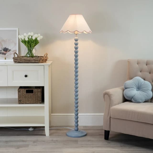 ValueLights Bobbins Powder Blue Floor Lamp with Tapered Natural Linen Scallop Shade Baby Pink