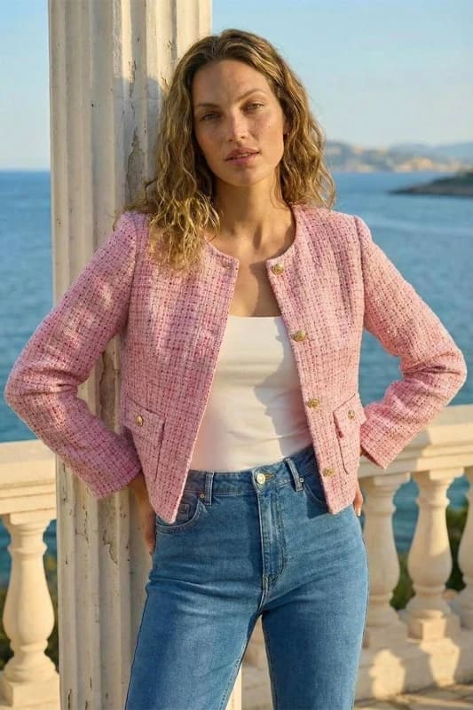 Roman Womens Collarless Sequin Boucle Jacket in Pink Size: 18 Pink Female 18