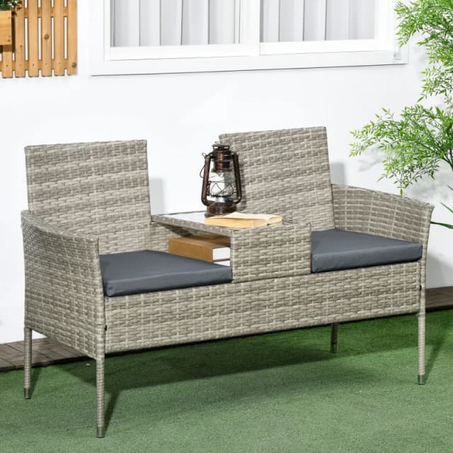 OUTSUNNY Rattan Garden Bench w/ Glass Tea Table, Patio Wicker Chair w/ Cushions in Light Grey Light Grey Unisex
