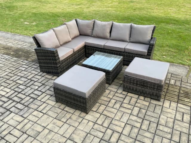 Fimous Rattan Garden Furniture Set Outdoor Lounge Corner Sofa Set With Square Coffee Table 2 Big Footstool 8 Seater Dark Grey
