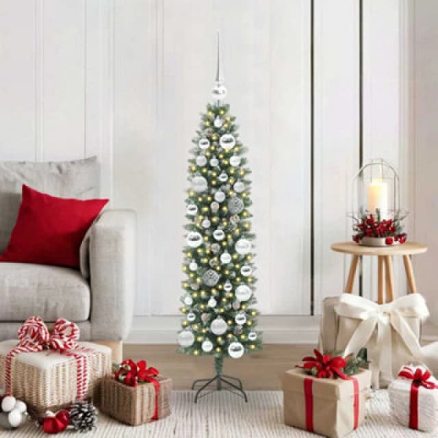 vidaXL Artificial Slim Christmas Tree with Silver Balls Green and white 120 cm, Green 3395274
