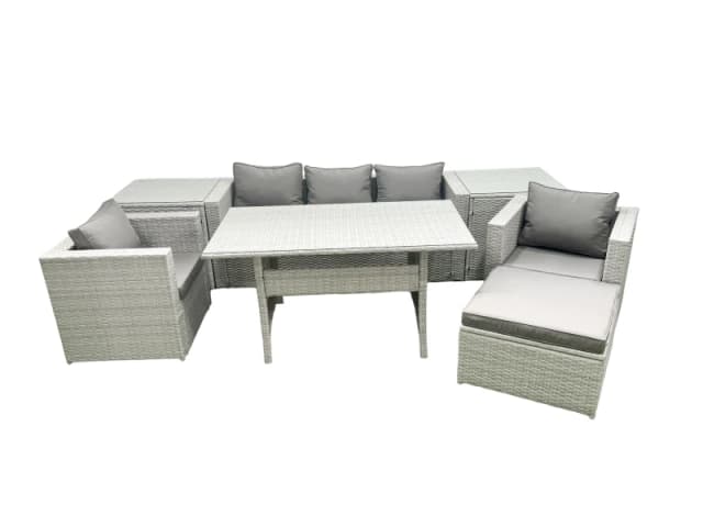 Fimous Garden Dining Set Outdoor Rattan Furniture Set with Sofa Dining Table 2 Chairs Big Footstool 2 Side Tables Light Grey Mixed Light Grey
