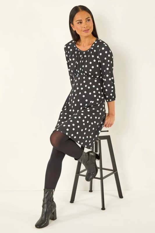 Roman Womens Petite Polka Dot Gathered Stretch Dress in Black Size: 12 Black Female 12