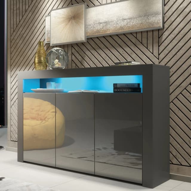 Mex Furniture LTD Sideboard with LED Lighting & Gloss Doors / 155cm in Dark Grey Dark Grey Unisex