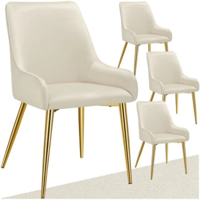 Tectake Set Of 4 Dining Chair Avane - Velvet Look, Padded Armchair, High Backrest And Armrests - Beige
