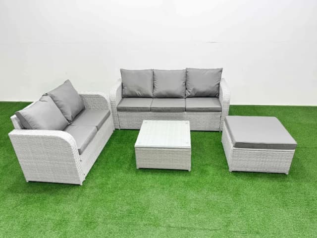 Fimous 6 Seater PE Rattan Wicker Garden Furniture Patio Conservatory Sofa Set with Square Coffee Table 3 Seater Sofa Love Sofa Big Footstool Light Gre