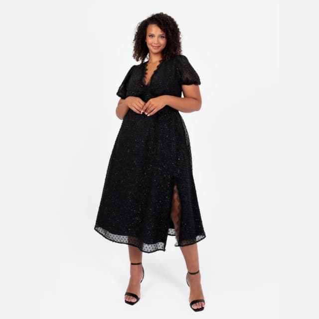 Lovedrobe Lovedrobe Black Sparkly Glitter V Neck Midi Dress with Lace Trims Black female 10 (S)