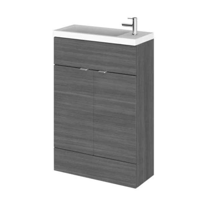 Hudson Reed Fusion Floor Standing 2 Door Vanity Unit & Polymarble Basin Compact, Sink Vanity Unit, Anthracite Woodgrain, 600mm