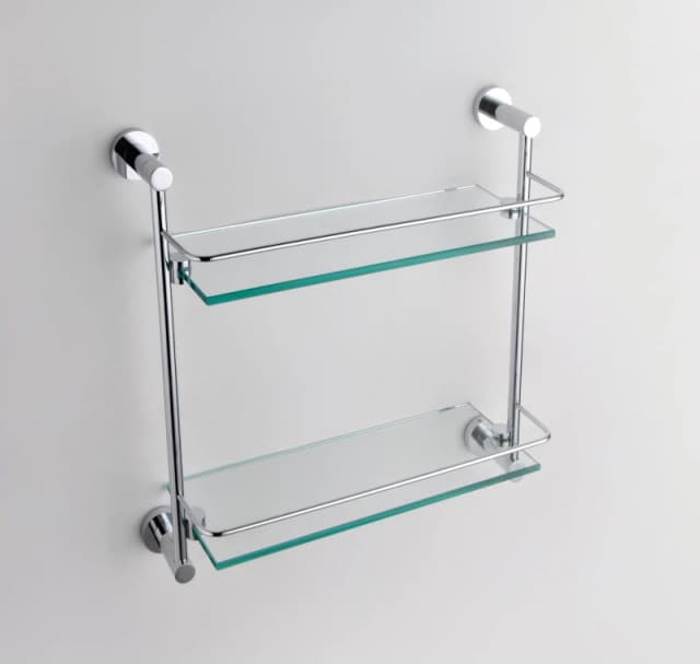 Nes Home Modern Round Brass Double Glass Shelf in Metallic Silver Metallic Silver Unisex