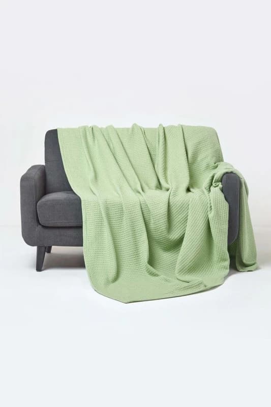 Homescapes Organic Cotton Waffle Blanket/ Throw Sage Green, 250 X 230 Cm