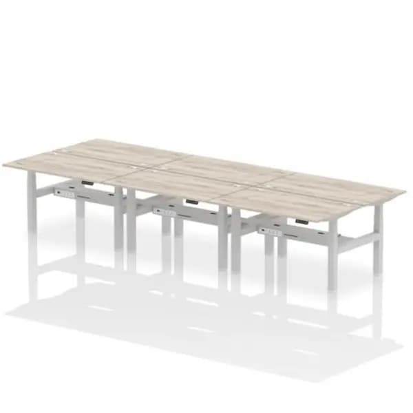 Air Air Back-to-Back 1400 x 800mm Height Adjustable 6 Person Bench Desk Grey Oak Top with Cable Ports Silver Frame HASCP6P14800GRYS