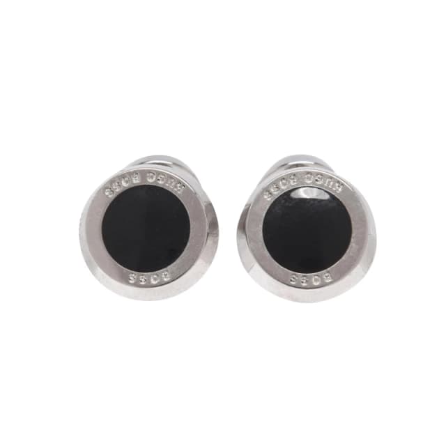 Boss Mens Simony Polished Silver-Tone Cufflinks Black male One Size