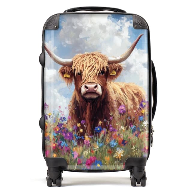 Warren Reed - Designer Highland Cow In A Summer Meadow Suitcase Size: Cabin Multicolor Unisex Cabin