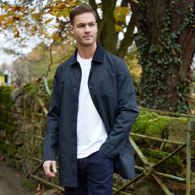 Threadbare Showerproof Longline Corduroy Collar Mac Navy