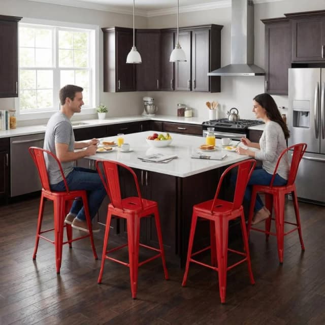 FWStyle Bistro Set Of 4 24" Red Gloss Metal Bar Chairs Red Unisex