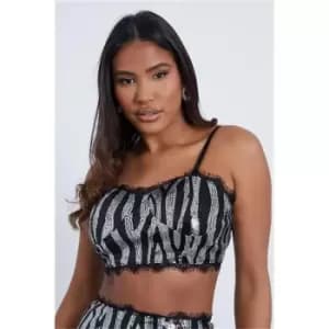 I Saw It First Black Zebra Print Sequin Lace Trim Mini Skirt - Black