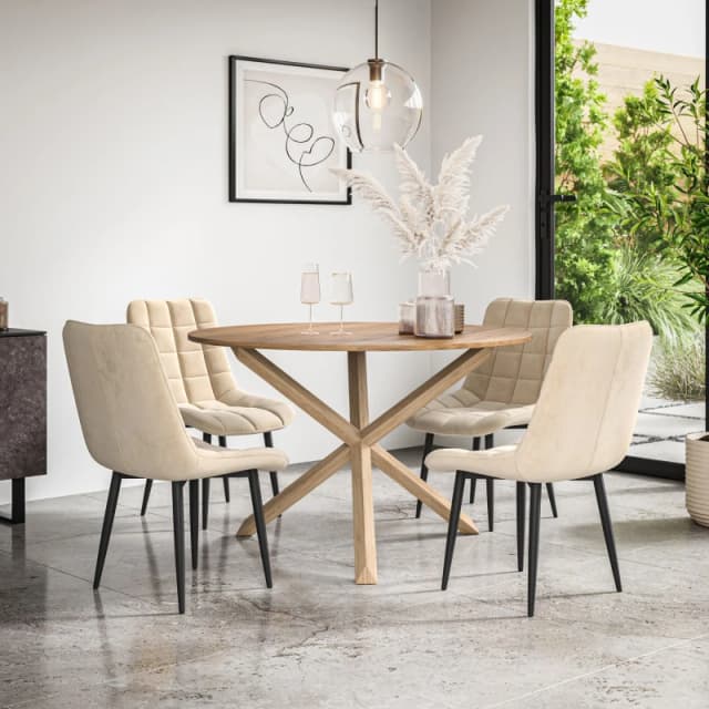 More4Homes Malvern Round Dining Table And Chairs - Oak Table Top W Solid Oak Legs + Nova Velvet Dining Chair Set Of 4 (Beige)