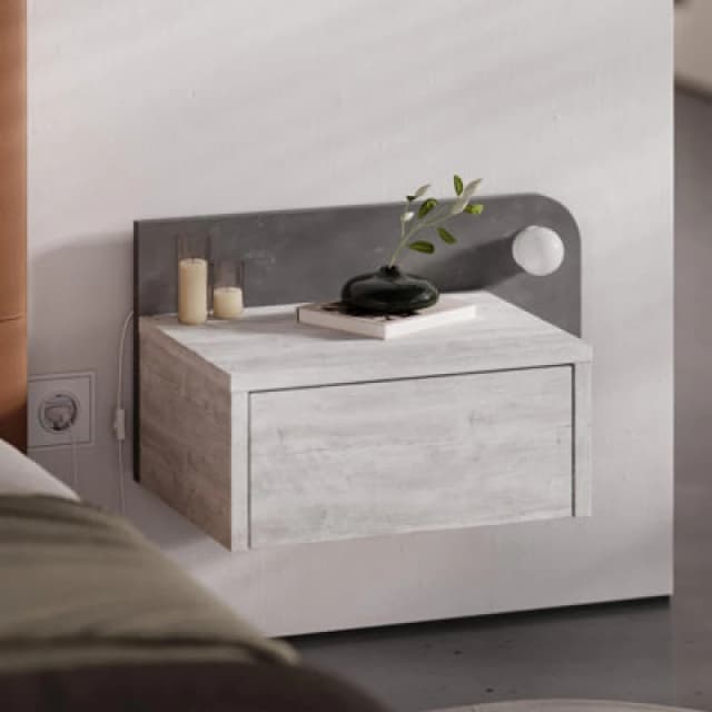 Decortie Floating Bedside Table With Drawer, LED Light In 3-Tones 33.5Cm Wall-Mount Bedroom Storage Unit, Ancient White,retro Grey