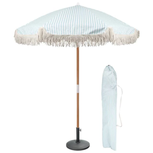 Harbour Housewares 1.4M Tassel Fringed Wooden Garden Parasol & Base Set with Carry Bag in Blue Blue Unisex