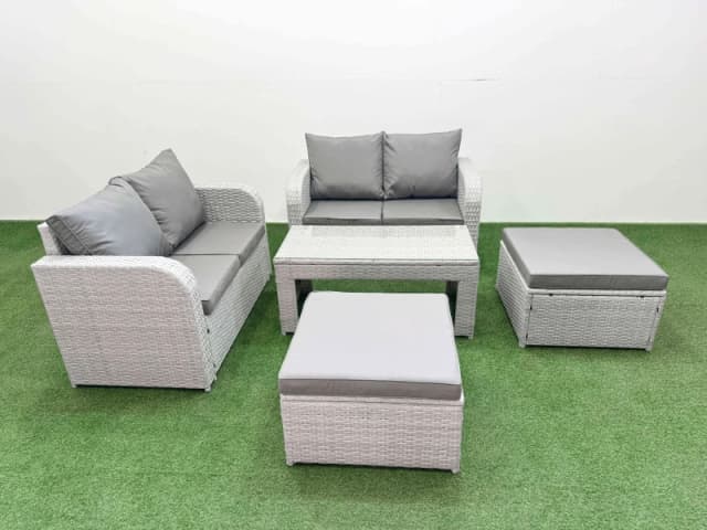 Fimous 6 Seater Outdoor Love Sofa Set Rattan Garden Furniture Set with Oblong Coffee Table 2 Footstool Light Grey Light Grey