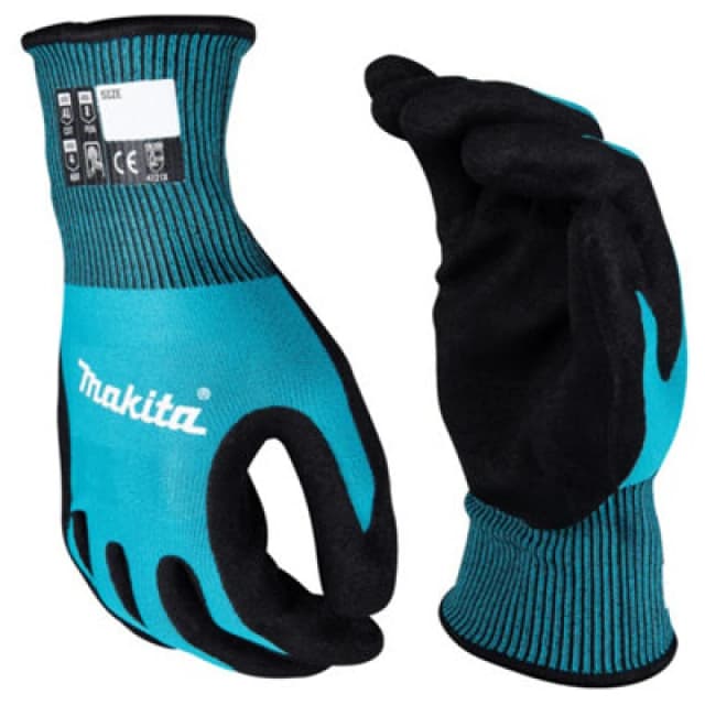 Makita FitKnit Cut Level 1 Nitrile Coated Dipped Gloves P-84682 Colour: Black / Blue