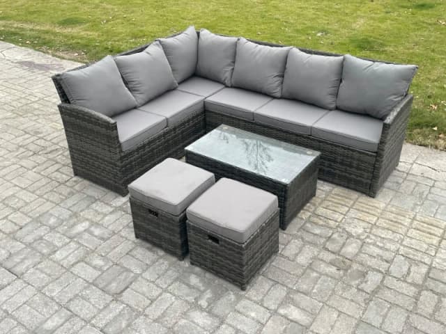 Fimous Rattan Lounge Corner Sofa Set Wicker Outdoor Garden Furniture Set with Rectangular Coffee Table 2 Small Footstools Dark Grey