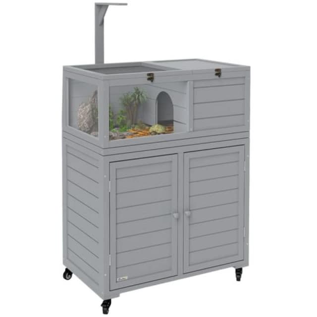 PawHut Tortoise House with Storage Cabinet, Lamp Holder, Openable Top Light Grey