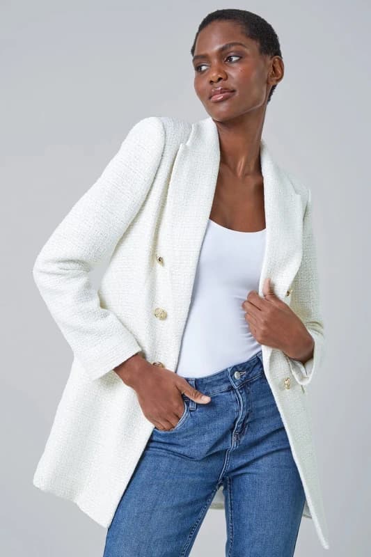 Roman Womens Tailored Longline Boucle Jacket in Ivory Size: 16 Ivory Female 16