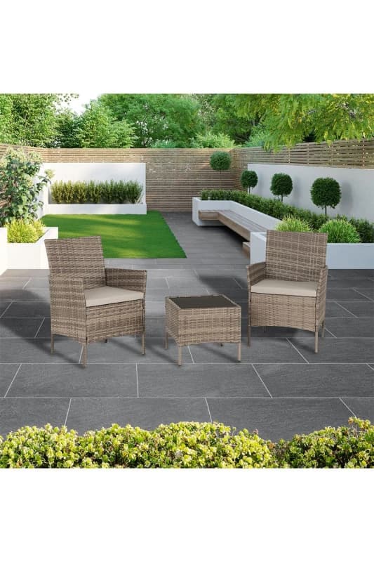 Seconique Willow 3Pc Garden Set - Grey Rattan/Grey Fabric/Black Glass, Grey 700-701-003