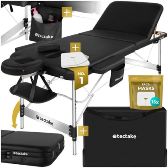 Tectake Massage Table Ko Tao - 3 Zones, 78Cm Wide, Aluminium Frame, Folding, Carry Bag - Black