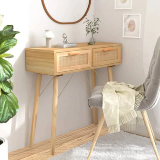 Vidaxl Console Table Brown 80X30X75cm Solid Wood Pine&natural Rattan, Brown 345626