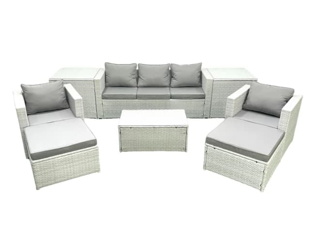 Fimous Rattan Garden Furniture Set with 3 Seater Sofa 2 Chair Rectangular Coffee Table 2 Big Footstools 2 Side Tables Light Grey Mixed 7 Seater Light