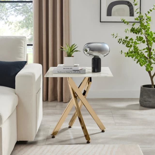FurnitureboxUK FurnitureboxUK Leonardo Square Marble Effect Glass Top Side Table With Gold Metal Starburst Legs in White White One Size Unisex 5056542