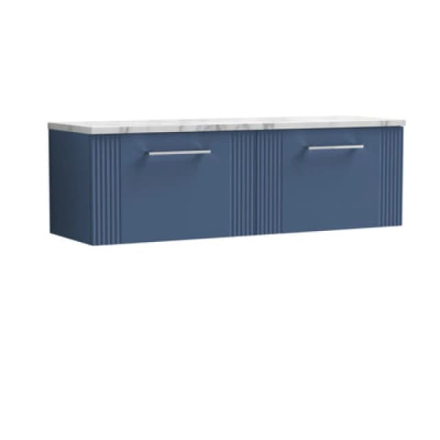 Nuie Deco Wall Hung 2-Drawer Vanity Unit & Carrera Marble Laminate Worktop, Counter Top Vanity Unit In Satin Blue, 1200mm