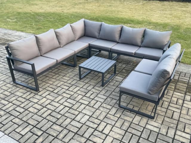 Fimous 9 Seater Patio Outdoor Garden Furniture Aluminium Lounge Corner Sofa Set with Square Coffee Table Dark Grey Dark Grey Unisex
