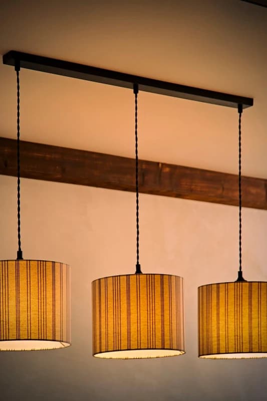 ValueLights ValueLights Hallie Linen Stripe Drum Shade 3 Drop Black Diner Ceiling Pendant Light & Bulbs in Natural Natural One Size Unisex 50594060645