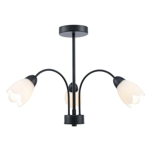 Happy Homewares Contemporary Ceiling Lamp Fitting with Opal White Floral Petal Glass Shades in Black Unisex