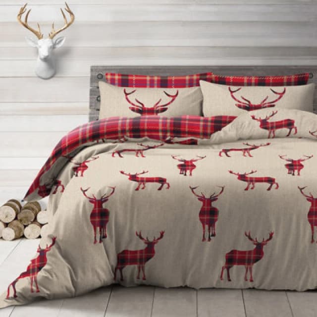 Velosso Rustic Bedding Set With Duvet Cover And Pillowcase, Country Chic Tartan Plaid And Stag Print - Button Enclosure - Natural