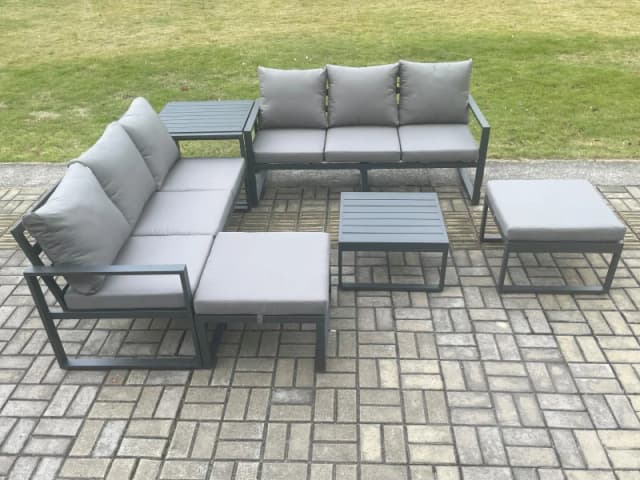 Fimous Aluminium 6 Pieces Garden Furniture Sofa Set with Cushions 8 Seater Outdoor Patio Set with Square Coffee Table Side Table in Dark Grey Dark Gre