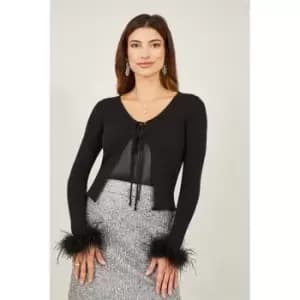 Yumi Black Ribbed Bolero With Feather Cuffs - Black