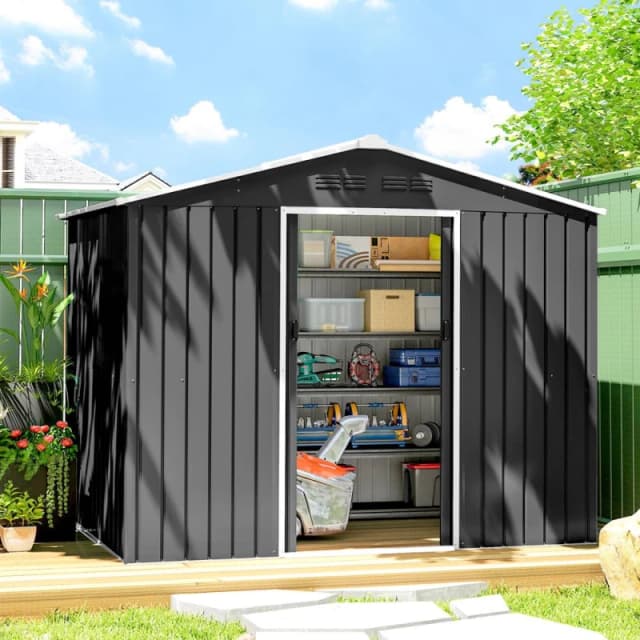 Outsunny 8 x 6ft Garden Storage Shed with Double Door, Dark Grey 845-429V01CG