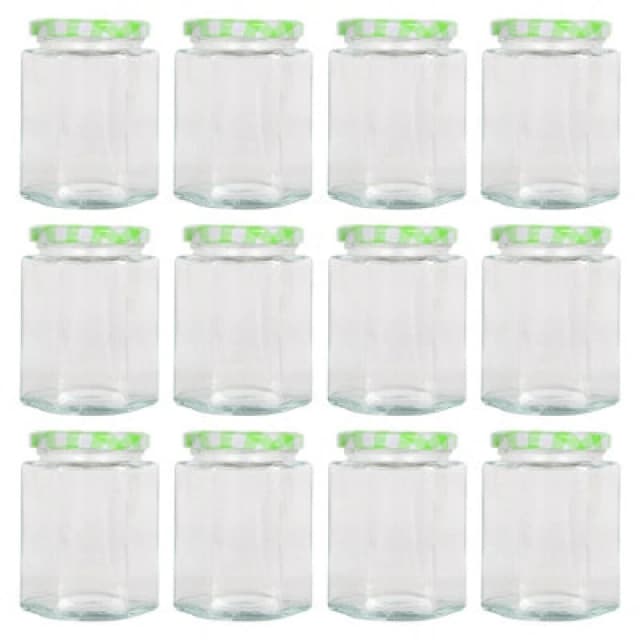 Argon Tableware Hexagonal Glass Jam Jars With Green Gingham Lids - 250ml - Pack Of 12