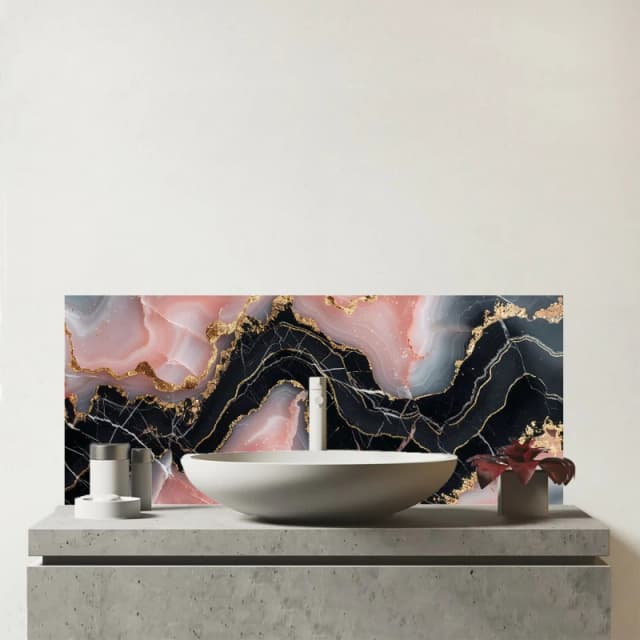 Warren Reed - Designer Baby Pink & Black Marble Effect Glass Bathroom Splashback in Blue Blue Unisex