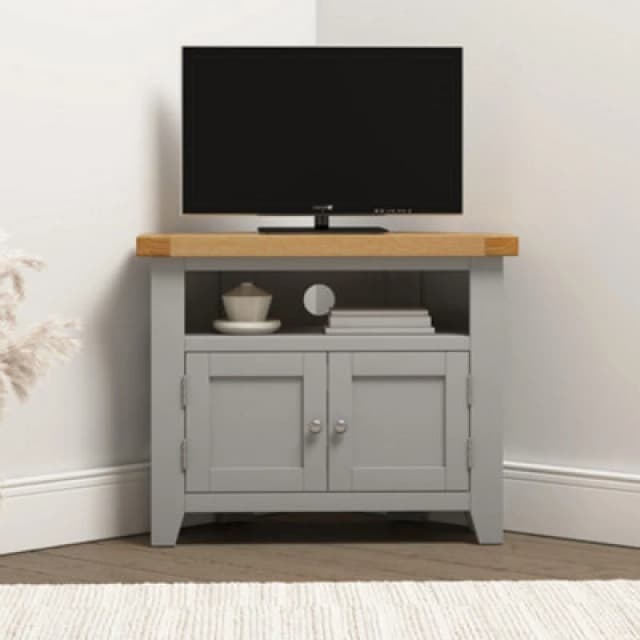Seconique Windsor Corner TV Unit Pebble Grey With Oak Top Fully Assembled