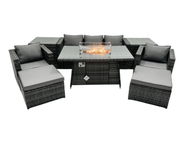 Fimous Rattan Garden Furniture Firepit Dining Set 7 Seater Lounge Sofa Table Set with 2 Side table 2 big Footstool Dark Grey