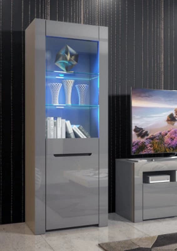 Furneo High Gloss & Matt Grey Display Cabinet Cupboard Milano 09G Blue LED Lights