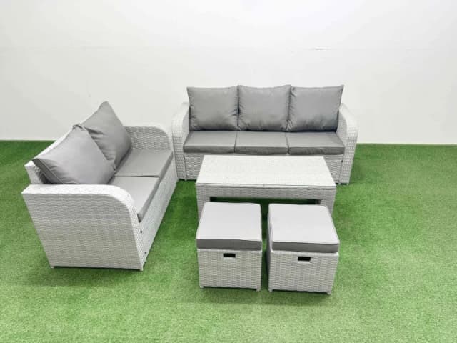 Fimous 7 Seater PE Rattan Wicker Garden Furniture Patio Conservatory Sofa Set with Oblong Coffee Table 3 Seater Sofa Love Sofa 2 Stools Light Grey